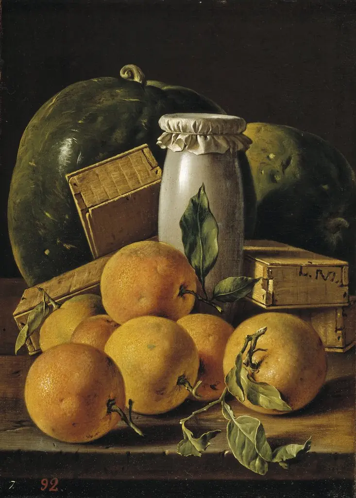 Still Life with Oranges Honey-Jar Boxes of Sweetmeats and Watermelons, by Luis Egidio Meléndez