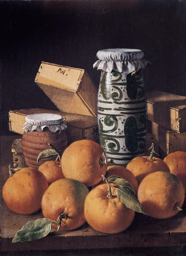 Still Life with Oranges, Manises vase, honey pottery jar and Boxes of Sweets, by Luis Egidio Meléndez, oil, 1760