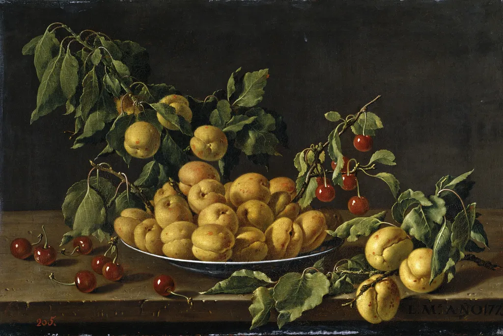 Still Life with Plate of Apricots and Morello Cherries, by Luis Egidio Meléndez, oil, 1773