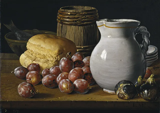 Still Life with Plums Figs Bread Barrel Jug and Other Vessels