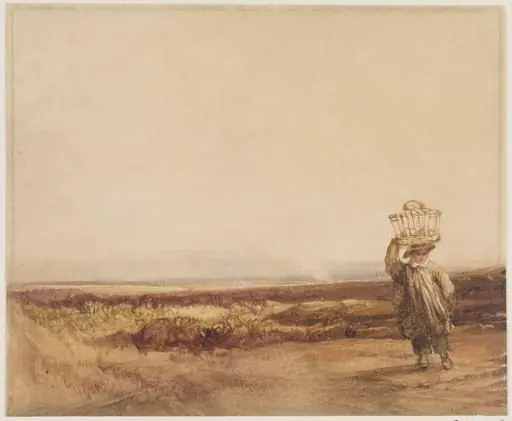 A boy carrying a basket on his head in a moorland landscape, by Luke Clennell