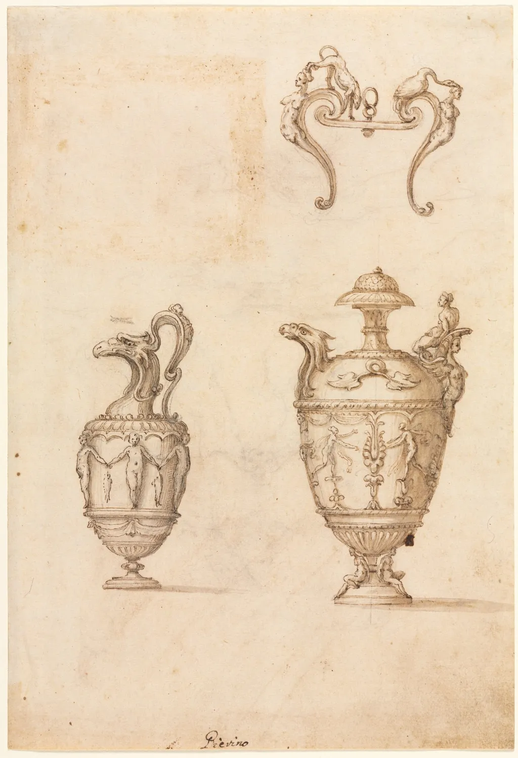 Design for Two Vases and an Ornament (recto), by Luzio Romano, 1504