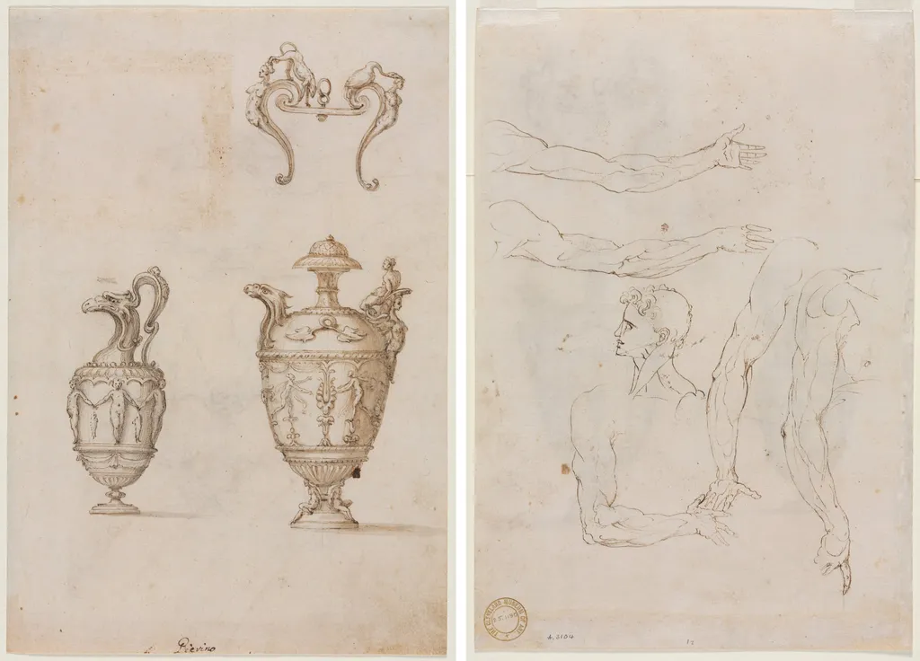 Design for Two Vases and an Ornament (recto); Sketches of Five Arms and a Head (verso), by Luzio Romano, 1504