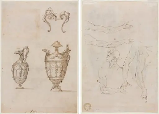 Design for Two Vases and an Ornament (recto); Sketches of Five Arms and a Head (verso), by Luzio Romano