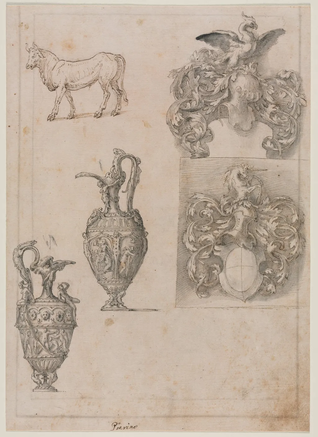 Design for Two Vases, Two Coats of Arms, and a Bull (recto), by Luzio Romano, 1504