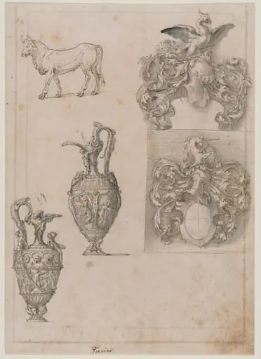 Design for Two Vases, Two Coats of Arms, and a Bull (recto), by Luzio Romano
