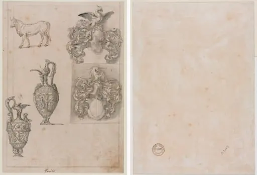 Design for Two Vases, Two Coats of Arms, and a Bull (recto) Several Line Borders (verso), by Luzio Romano