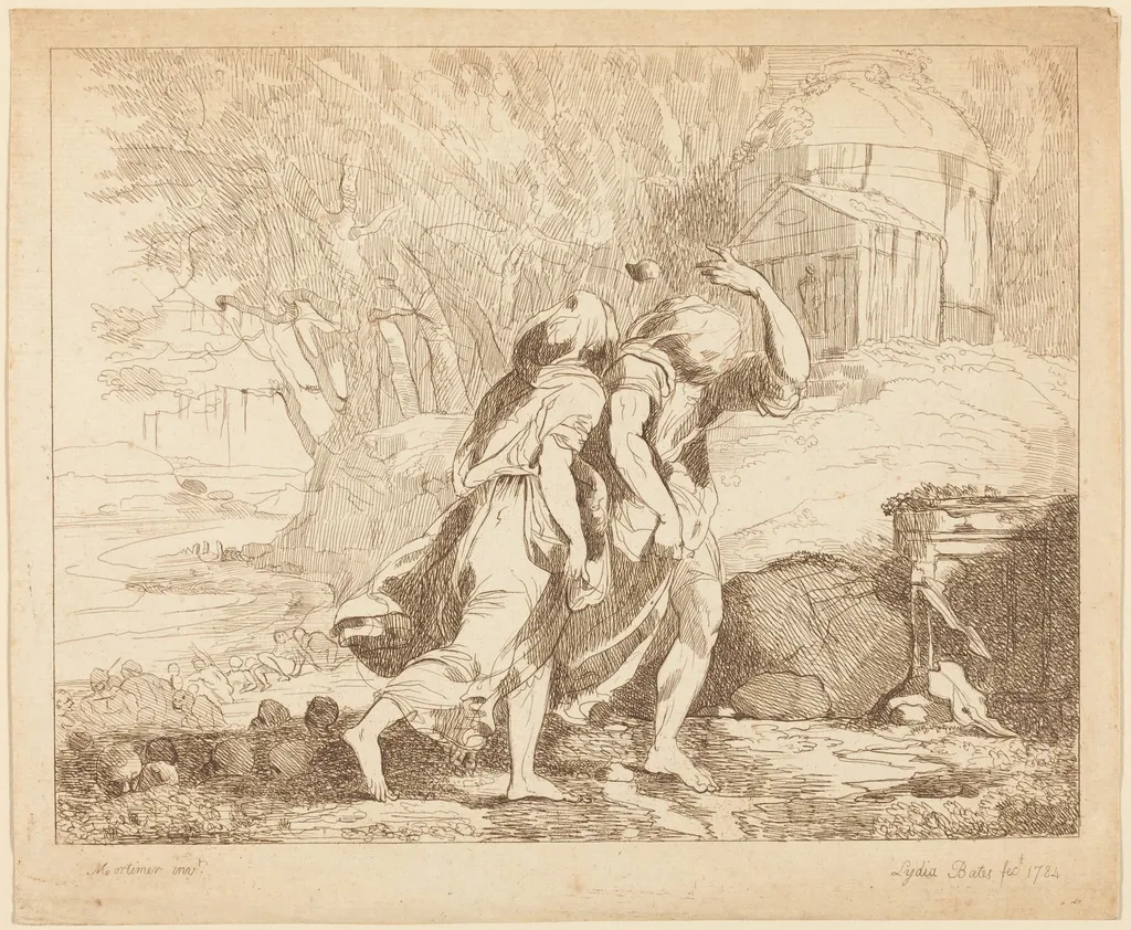 Two Fleeing Figures (Atlanta and Hippomenes?), by Lydia Bates, ink, 1784