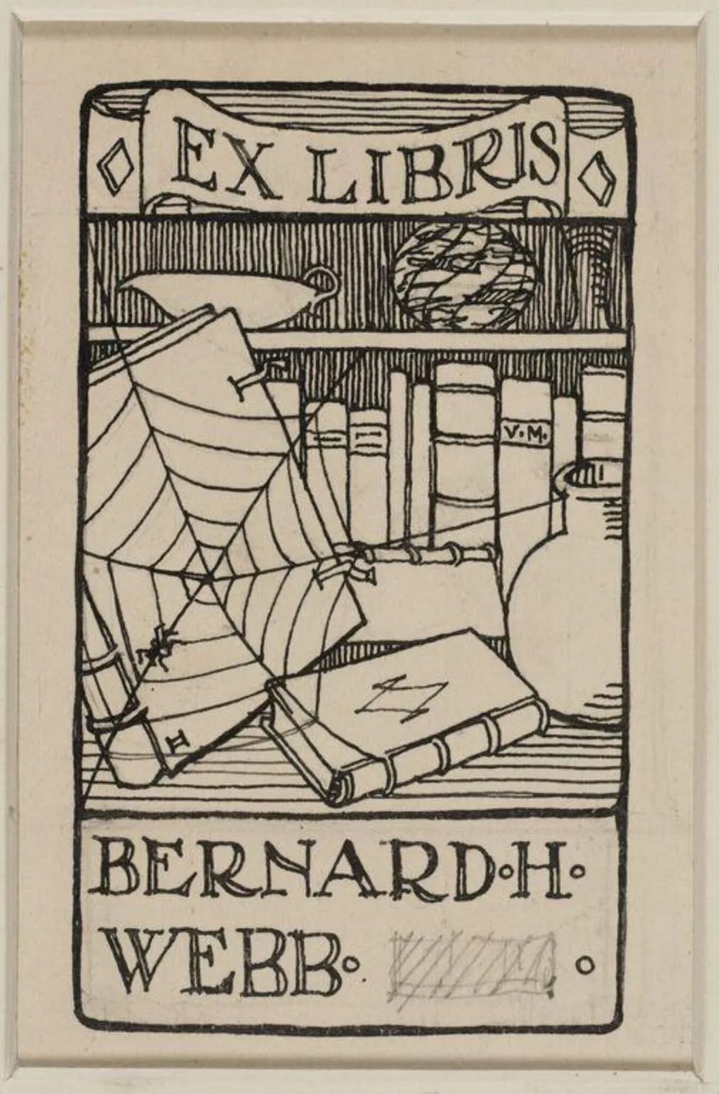 Design for a book-plate for Bernard Hughes, by M.V. or V.M.