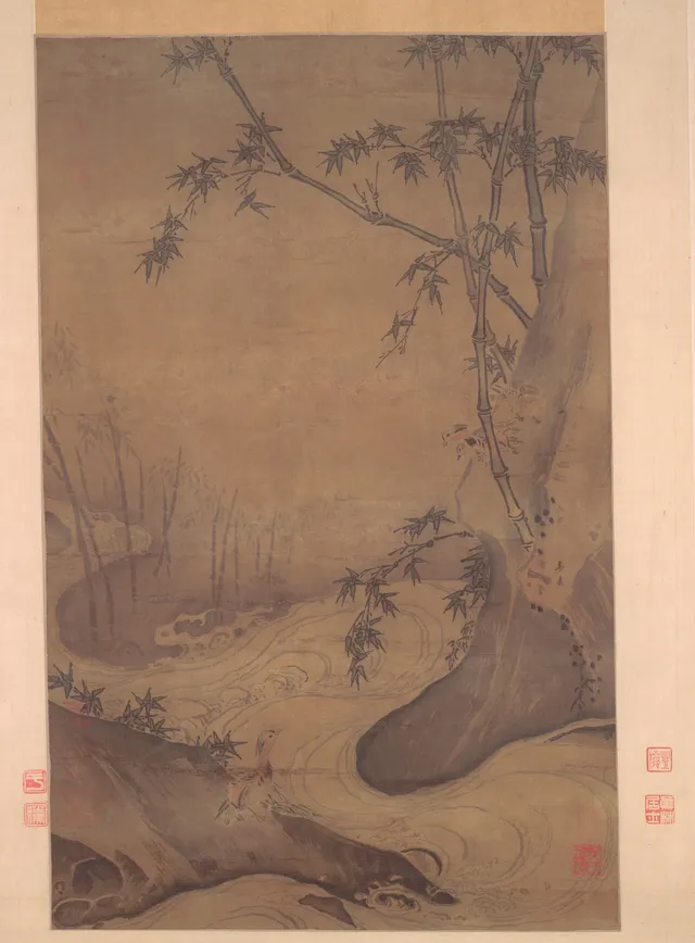 Bamboo and Ducks by a Rushing Stream