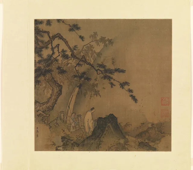 南宋 馬遠 高士觀瀑圖 冊頁 絹本|Scholar viewing a waterfall