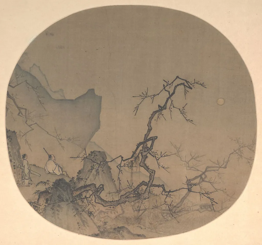 南宋 馬遠 月下賞梅圖 團扇|Viewing plum blossoms by moonlight, by Ma Yuan, ink, 1216