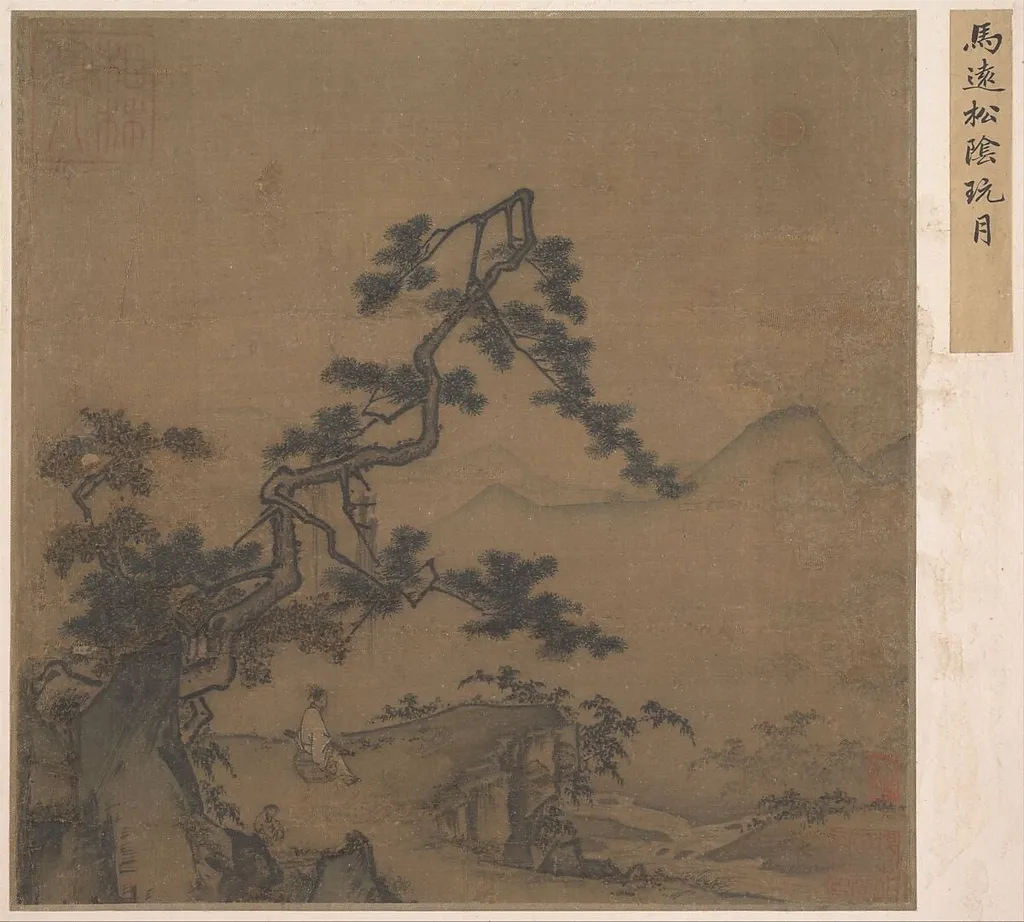 南宋 佚名 倣馬遠 松陰玩月圖 冊頁|Viewing the Moon under a Pine Tree, by Ma Yuan, ink, 1216