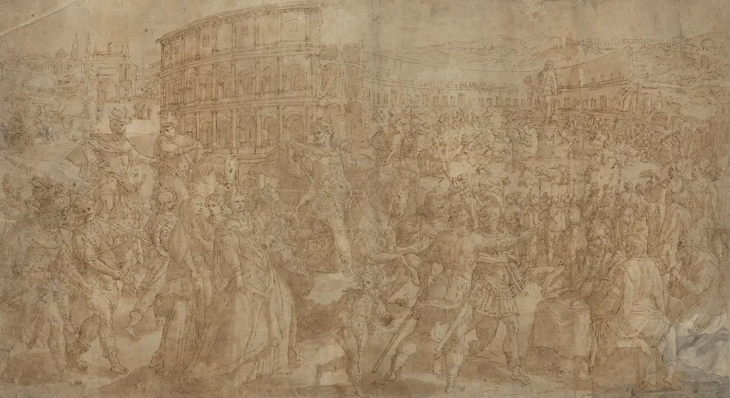 A Roman Triumph, by Maarten de Vos, ink, 1568