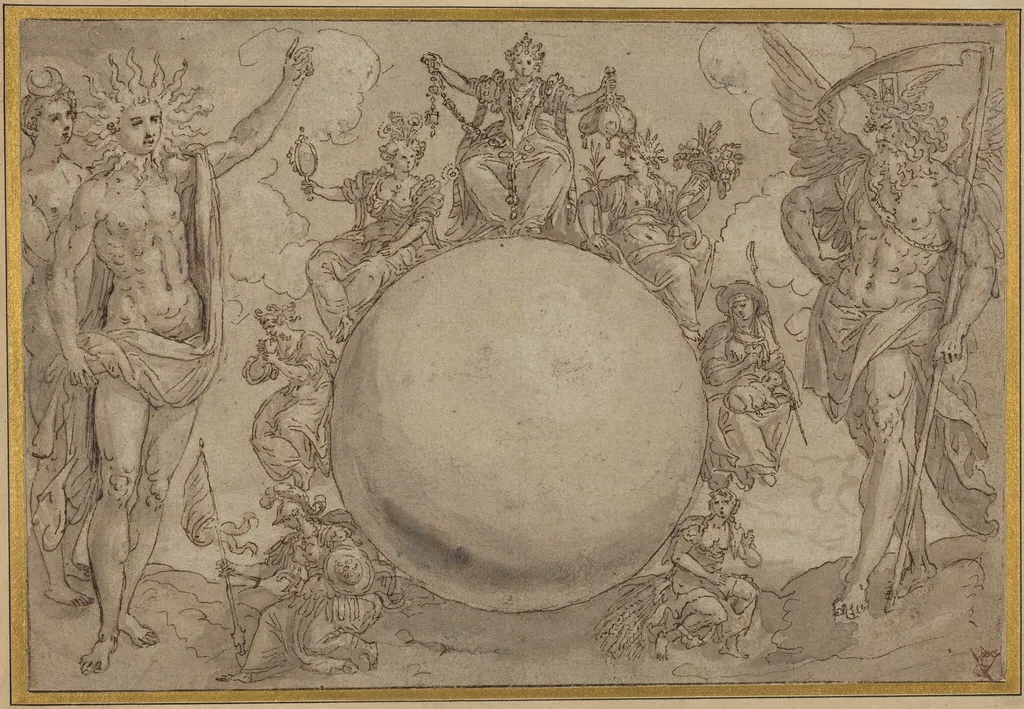 Apollo, Diana, and Time with the Cyclic Vicissitudes of Human Life, by Maarten de Vos, ink, 1561