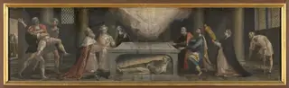 Hendrik IV van Castilië en zijn dochter vinden genezing aan de heilige Didacus' graf, by Maarten de Vos, 1598