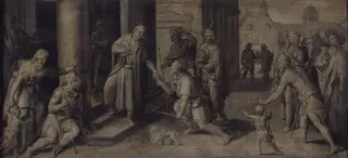 Saint Luke Giving three Pilgrims Alms, by Maarten de Vos