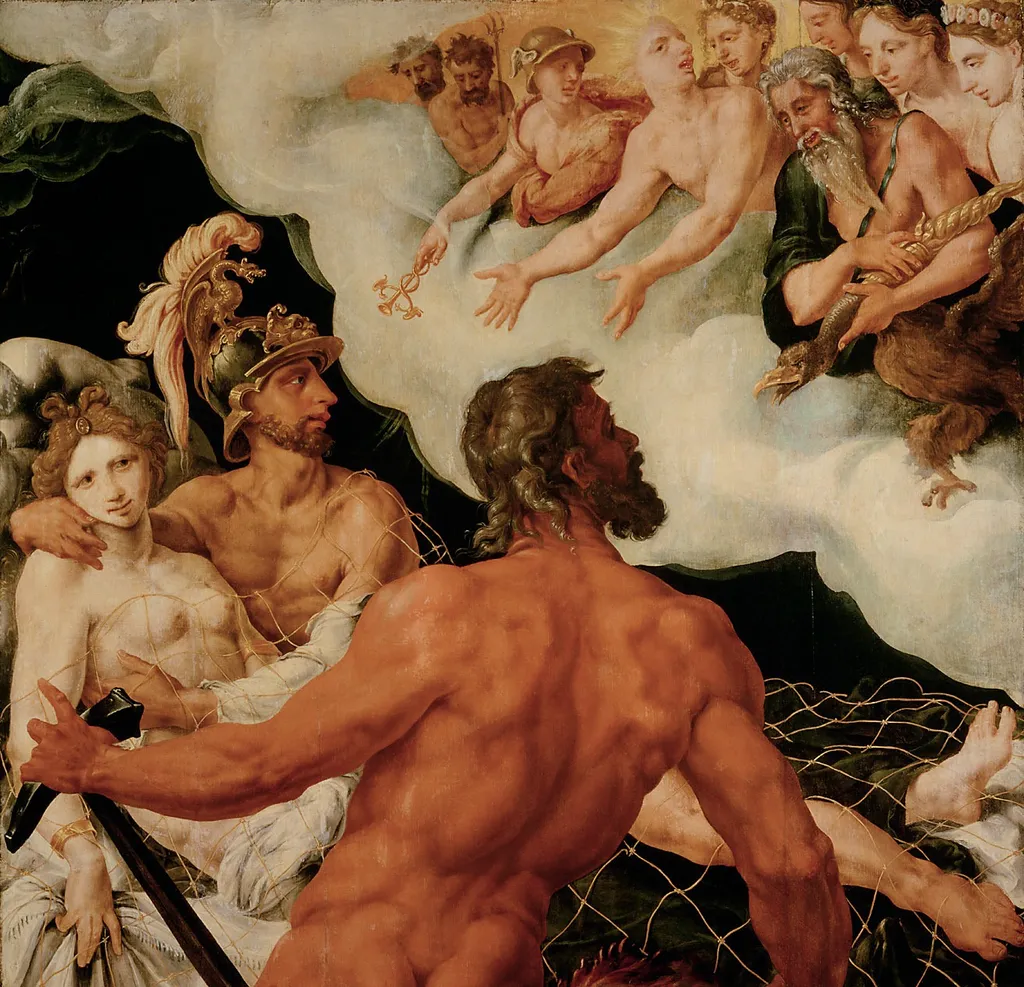 Vulcan showing the captured Mars and Venus to the gods, by Maarten van Heemskerck, wood, 1540