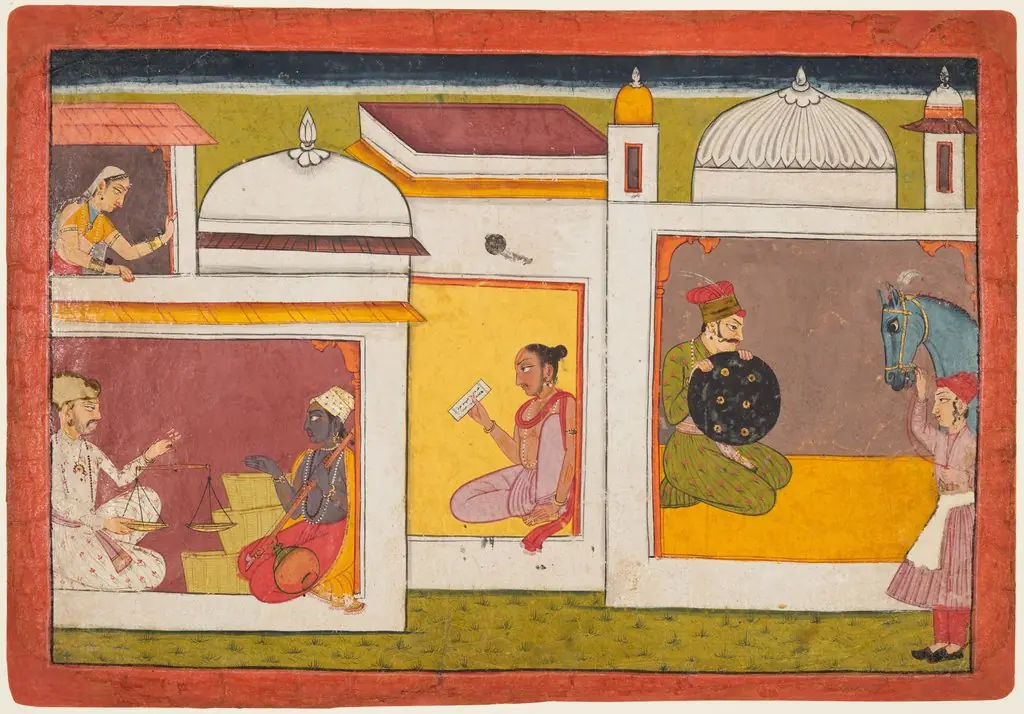 Madhava Faces a Man Holding a Scale, from a Madhavanala Kamakandala