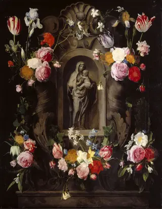 Madonna & Child Statuette in a Niche surrounded by a Garland of Flowers, by Erasmus Quellinus II