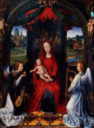 Madonna enthroned with child and two musical angels