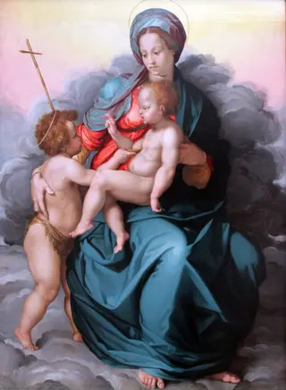Madonna with Child and Saint John the Baptist on clouds