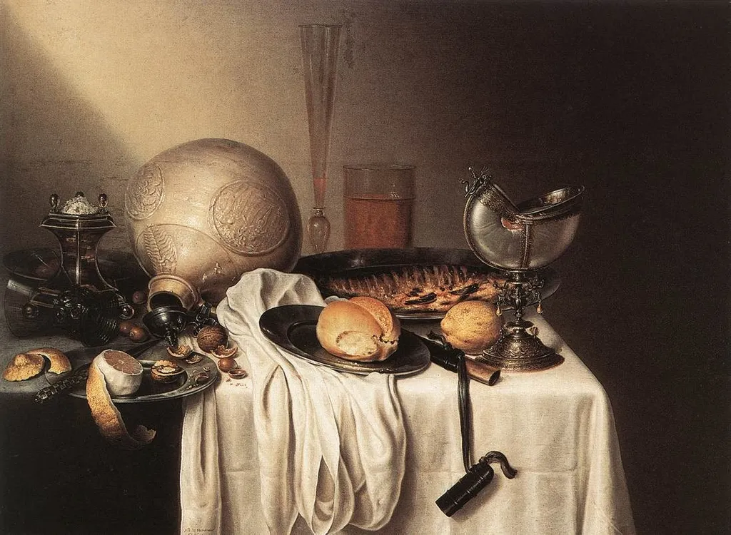 Still-Life with a Bearded Man Crock and a Nautilus Shell Cup, by Maerten Boelema de Stomme, oil, 1644