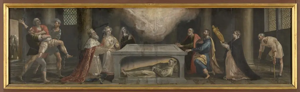 Hendrik IV van Castilië en zijn dochter vinden genezing aan de heilige Didacus' graf, by Maerten de Vos