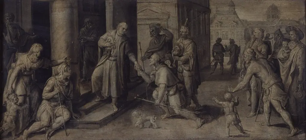 Saint Luke Giving three Pilgrims Alms, by Maerten de Vos