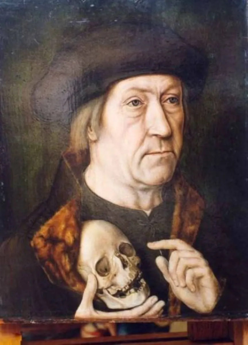 Portret de bărbat cu craniu, by Maestrul legendei Sfântului Augustin, unspecified, 1450
