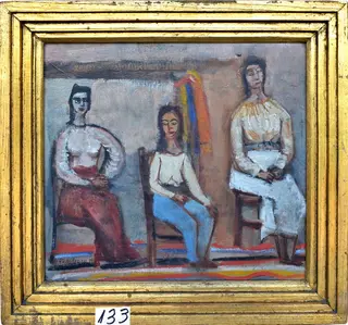 Așteptare. Trei fete stând pe scaun, by Magdalena Rădulescu, 1939