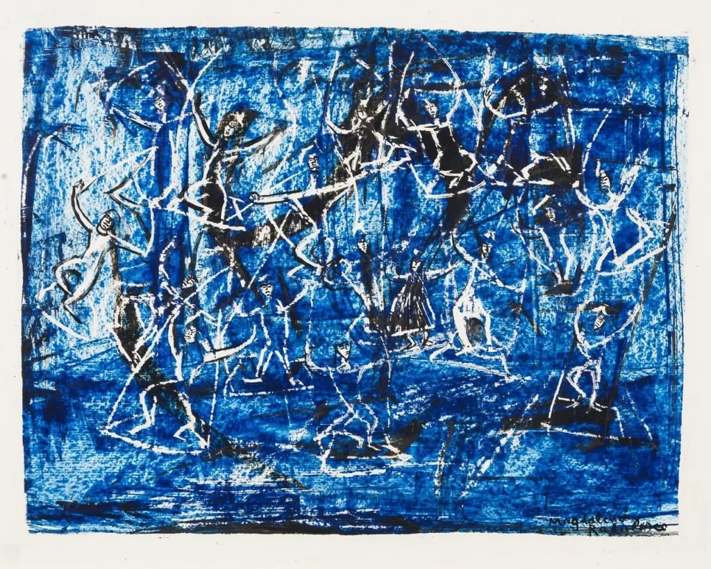 Dansatori pe fond albastru, by Magdalena Rădulescu, unspecified, 1967