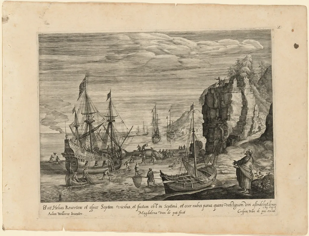 A Beach with Fishermen Cutting Up a Whale and the Prophet Elijah, by Magdalena van de Passe, ink, 1624