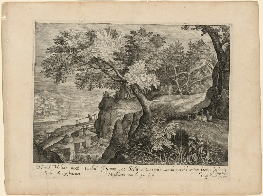 Landscape with Elijah Perching on a Rocky Outcrop in the Distance, by Magdalena van de Passe, ink, 1624