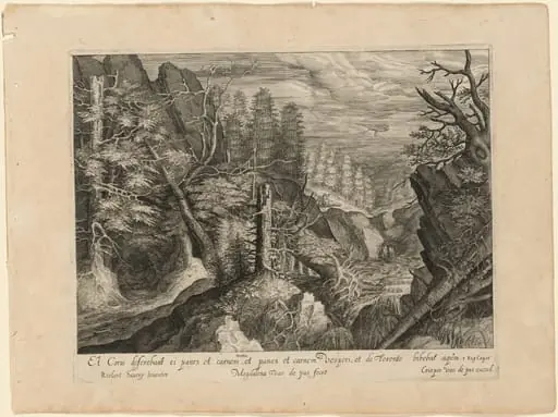 Landscape with Mountains, a River, and Elijah and the Raven, by Magdalena van de Passe