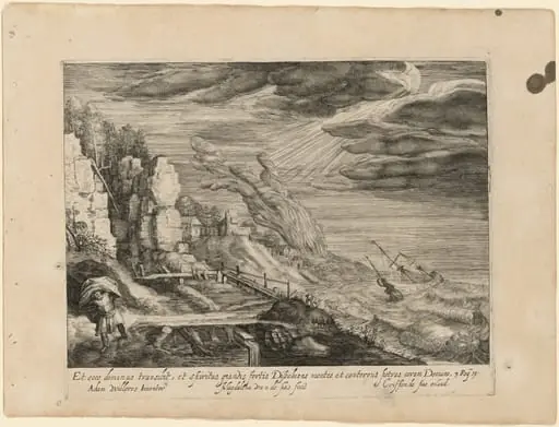 Seashore with HIgh Seas, a Ship, and the Prophet Elijah [God Helping the Israelites Fight the Moabites], by Magdalena van de Passe