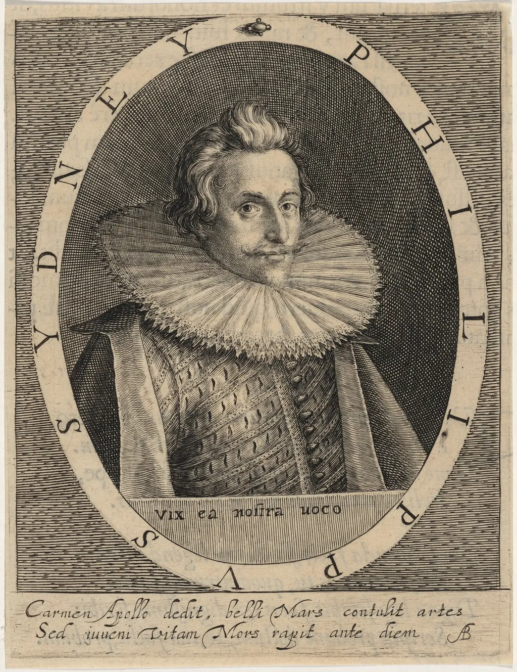 Sir Philip Sidney, Soldier and Poet, by Magdalena van de Passe, ink, 1620