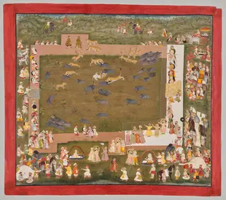 Maharana Sangram Singh II of Mewar (r. 1710–34) and Stages a Boar Hunt with Tigers at Sadri