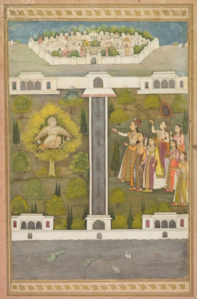 Mahliqa, Daughter of the Emperor of China, Pointing at the Bird-Man Khwaja Mubarak: A Leaf from a Poetical Romance Relating to Shah Alam I (recto)