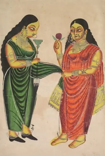 Maid bringing a hookah to a lady (recto), from a Kalighat album