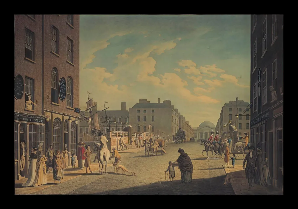 Capel Street, Dublin, with the Royal Exchange in the distance, by Malton, watercolor, 1800