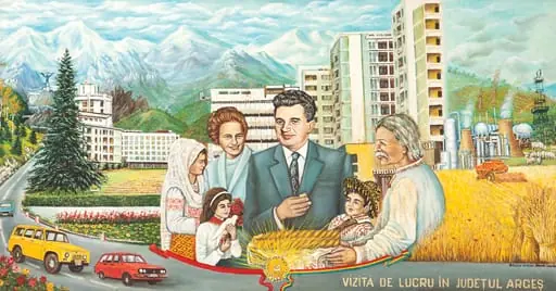 Tablou ”Vizită de lucru în Județul Argeș”, semnat artist amator Manda Vasile. În centru Nicolae și Elena Ceaușescu primind omagiul locuitorilor județului. Tabloul redă imaginea economiei argeșene în care se află fabrica de automobile ”Dacia” de la Colibașu și cea de autoturisme ”ARO” de la Câmpulung. Oferit de Comitetul Județean de Partid Argeș (1982)., by Manda Vasile