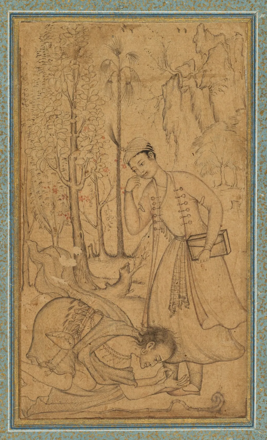 A holy man prostrating himself before a learned prince, by Manohar, unspecified, 1704