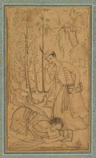 A holy man prostrating himself before a learned prince, by Manohar