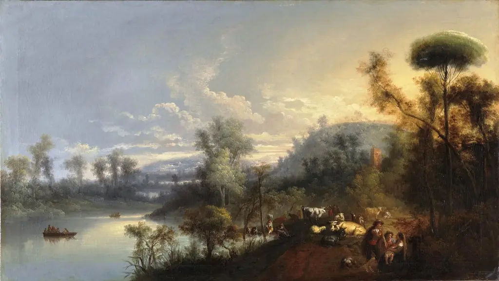 Paisaje fluvial con figuras y ganado, by Manuel Barrón y Carrillo