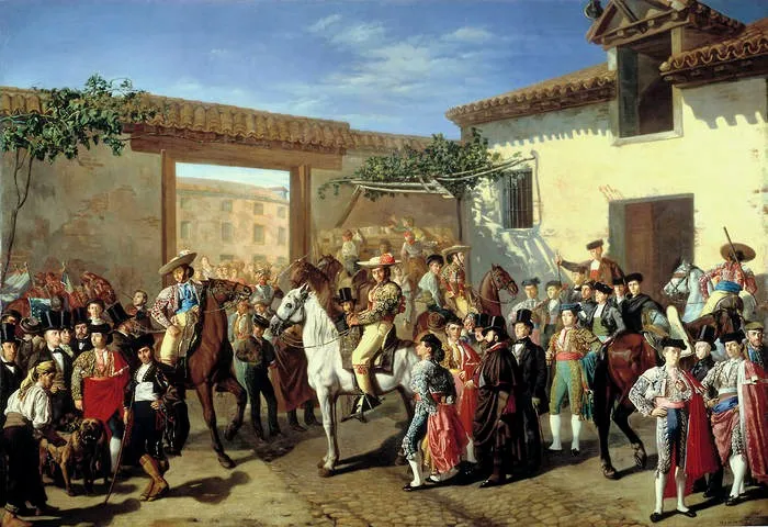 Horses in a Courtyard by the Bullring before the Bullfight, Madrid (detail), by Manuel Castellano, oil, 1853