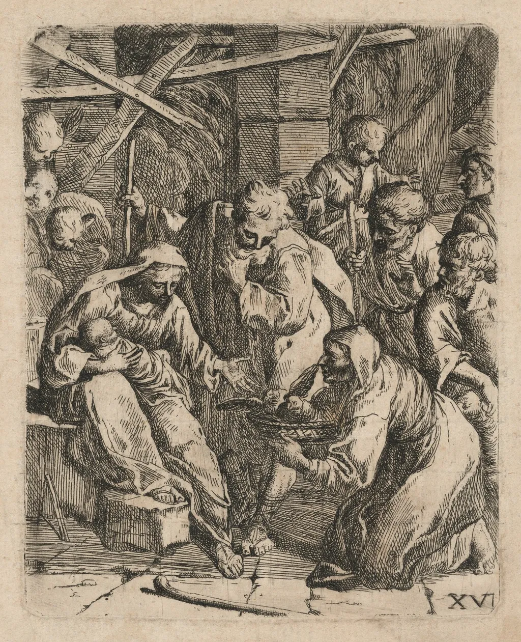The Adoration of the Shepherds, by Marcantonio Bellavia, ink, 1650