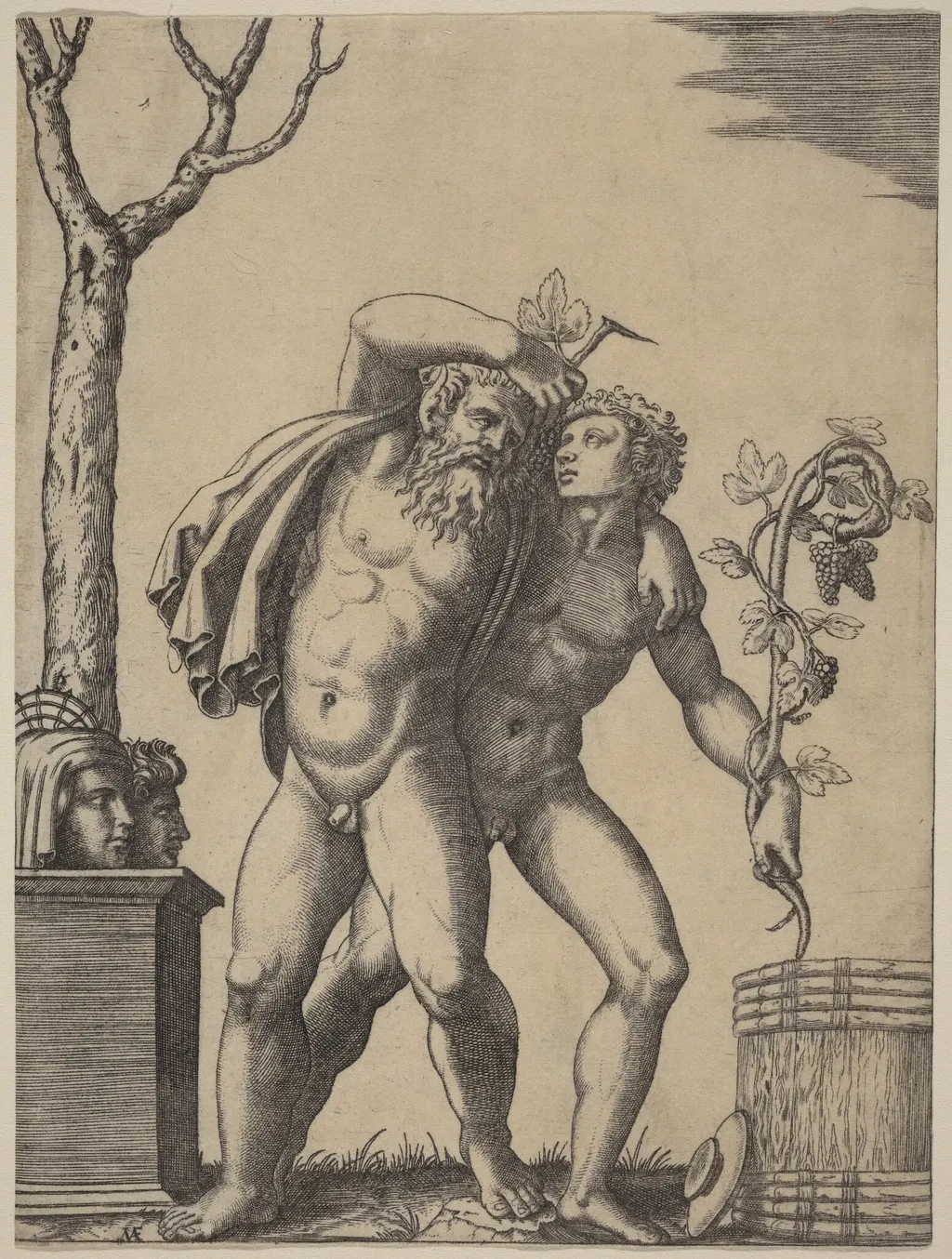 A Young and an Old Bacchant, by Marcantonio Raimondi, ink, 1525