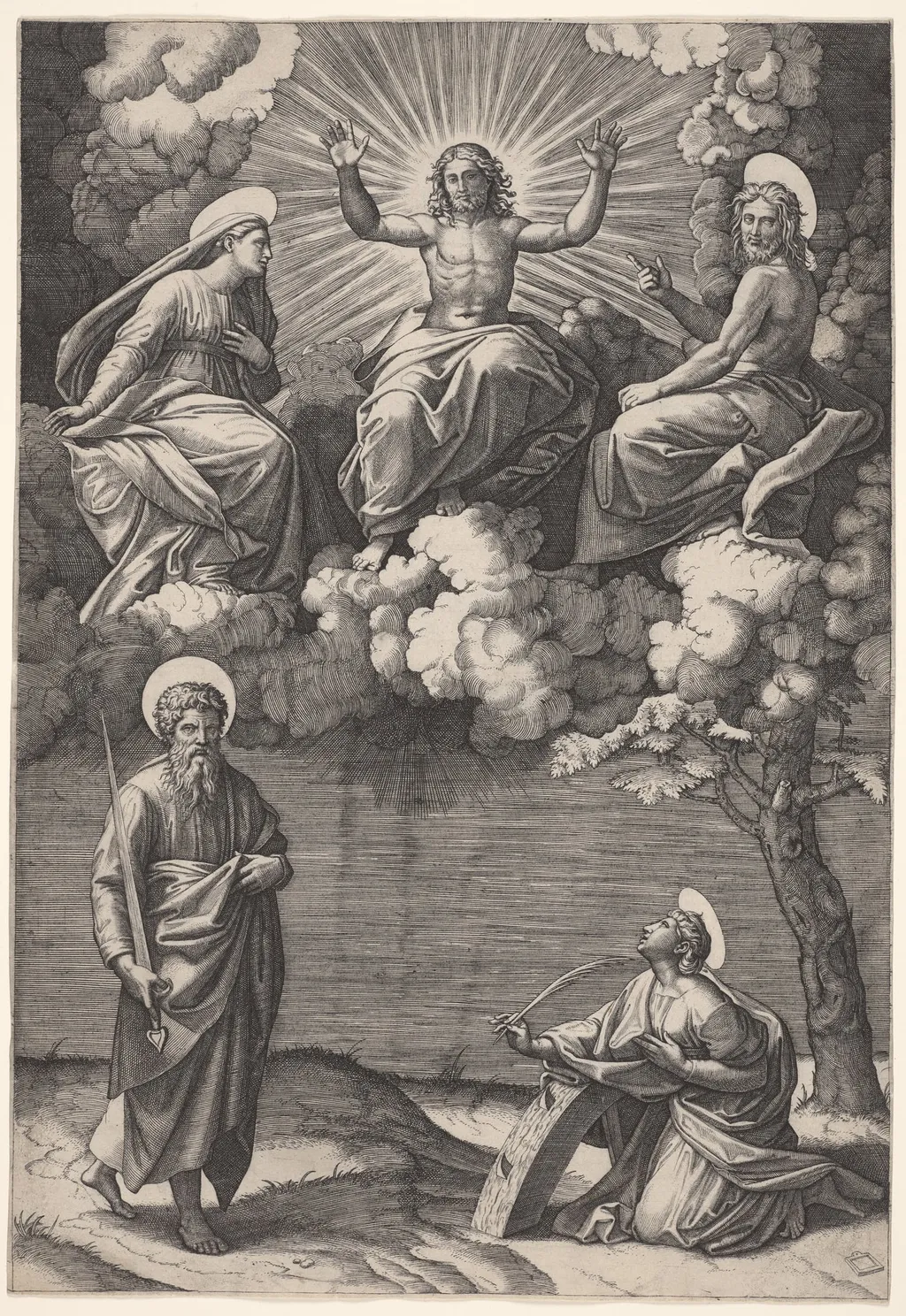Christ, the Virgin, and St. John the Baptist with Saints Paul and Catherine, by Marcantonio Raimondi, 1522