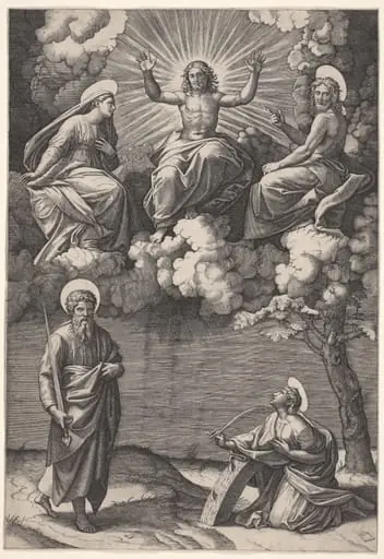 Christ, the Virgin, and St. John the Baptist with Saints Paul and Catherine, by Marcantonio Raimondi